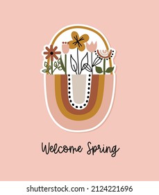 Welcome Spring! - Colorful pastel Easter rainbow greeting card. Boho elements with bunny, basket, rabbit, flowers and butterfly.