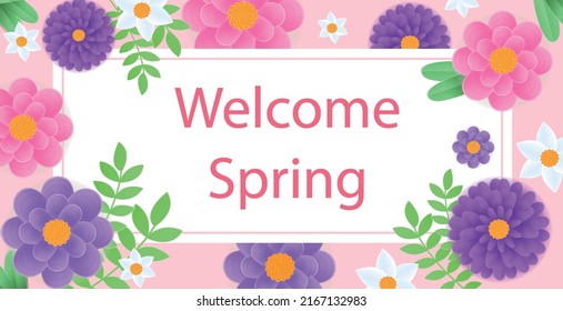Welcome spring concept. Poster or banner for website, flora and fauna. Greeting or invitation card. Gift for March 8, International Womens Day. Colorful bouquet. Cartoon flat vector illustration