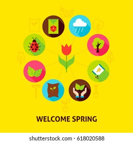 Welcome Spring Concept. Vector Illustration of Nature Garden Infographics Circle with Flat Icons.