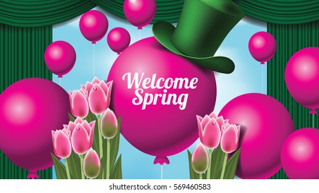 Welcome spring design with pink balloons, tulips, blue skies and green curtains. To celebrate the arrival of spring. EPS 10 vector.
