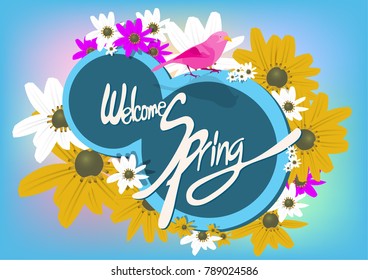 welcome spring designed yellow white and pink flower and blue background
