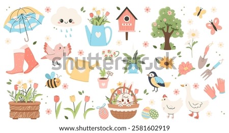 Welcome spring elements collection - big stickers set with cute birds, flowers, butterflies, Easter eggs and decorations. Hand drawn flat cartoon elements. Vector illustration