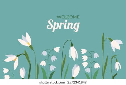 Welcome Spring floral background with place for text. Snowdrops spring flowers. Botanical modern style. Great for greeting cards, banners, flyers, birthday and mom's day greetings. Vector.