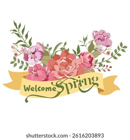 Welcome Spring: Floral Bouquet with Ribbon and Elegant Typography
