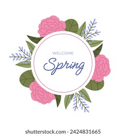 Welcome Spring. Floral spring design with white flowers and leaves. Round shape with space for text. Sale banner or flyer template, vector illustration.