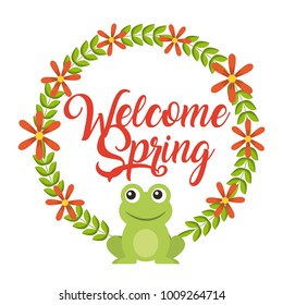welcome spring floral wreath frog animal season