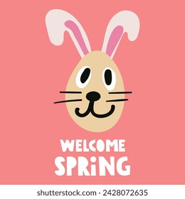 Welcome spring. Funny bunny. Smiling face. Hand drawn illustration on pink background.