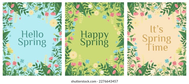 WELCOME Spring, grass and flowers, Easter greeting card element, Park decoration background with spring grass and meadow flowers for spring sale, banner, poster, cover, templates, social media, feed