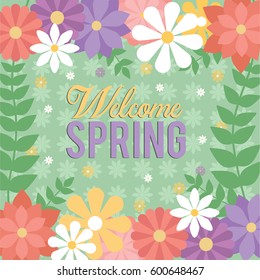 Welcome Spring green background with decorative flowers in flat style