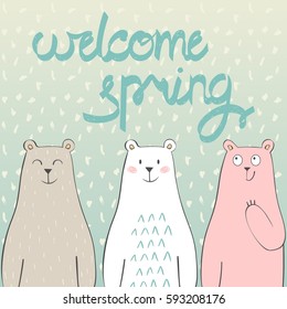 welcome spring. Greeting card with bears in vector.