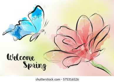 Welcome spring. Greeting card with a butterfly flying to a flower.