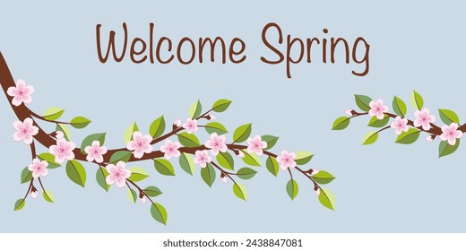 Welcome Spring. Greeting card with cherry blossom branches.