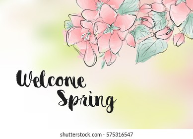 Welcome spring. Greeting card with cherry blossoms.