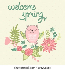 welcome spring. Greeting card with funny owls in vector.