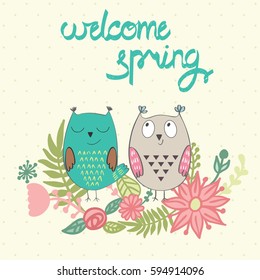 welcome spring. Greeting card with funny owls in vector.