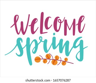 welcome spring hand sketched logotype, badge typography icon. Lettering spring season with leaf for greeting card, invitation template. Vector illustration of lettering on a white background