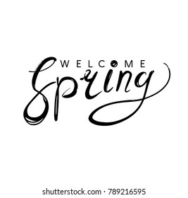 Welcome spring handwriting design. Vector  template isolated on white background.