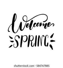 Welcome Spring handwriting lettering design for banner, poster, photo overlay, apparel design. Vector illustration isolated on white background.