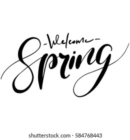 Welcome spring handwriting lettering design. Vector illustration isolated on white background.