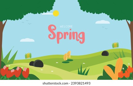 Welcome spring illustration with a very beautiful and colorful garden background concept.