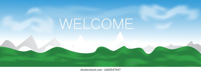 Welcome spring landscape green field, mountain playground for kids vector illustration design background