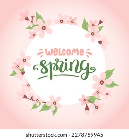 Primavera de bienvenida, con letras con marco de flor de cerezo. Ilustración vectorial de primavera en forma circular, diseño de tarjeta