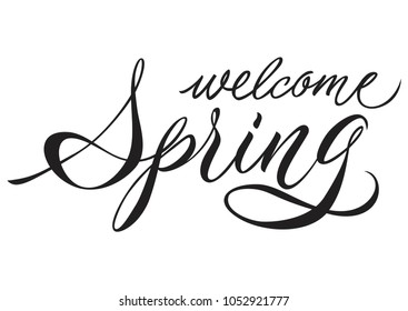 Welcome Spring lettering. Design element. Handwritten text, calligraphy. For greeting cards, posters, leaflets and brochures.