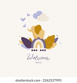 Welcome spring pattern in pastel colors, with a happy baby elephant standing on a rainbow, leaves and clouds. Vector illustration, all elements are isolated and can be used separately.