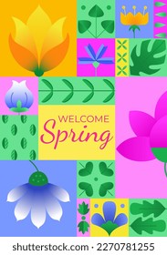 Welcome spring poster simple geometric abstract design. Composition with colorful gradient flower elements and leaves for spring season. Layout for web, banner, invitation, flyer, presentation. Vector