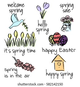 Welcome to spring set. spring is in the air. Color Sketch. First flowers, birds, lettering, Easter, crocus, nature awaken. Bouquet of blossoming flowers, birdhouse, dove, green twig, sale, roses,