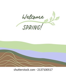 Welcome Spring Sign On White With Pastel Green Purple Brown Hand Drawn Lines, Hand Drawn Branch With Leaves, Instagram Icon, Facebook Cover, Thin Thick Lines, Space For Text, Sale Ad, Marketing Sign