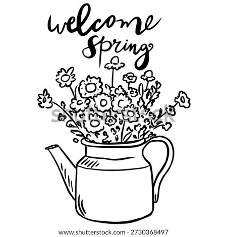 Welcome Spring Teapot with Blooming Flowers and Fresh Floral Decoration Illustration
