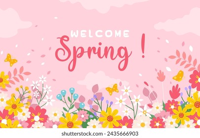 Welcome Spring template with beautiful flowers background. vector illustration