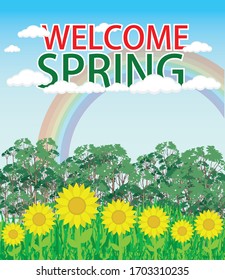 Bienvenido Título de texto de primavera diseño de pancarta con árbol verde de flor de sol y arcoiris azul de nubes cielo. Fondo tridimensional. Ilustrador de vectores