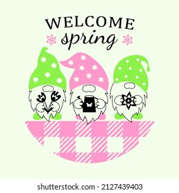Welcome spring vector stencils of spring gnomes for cutting. 
Door, window decoration, gnome protrusion. Round sign