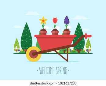 Welcome Spring. Wheelbarrow with Spring Flowers  and Garden in the Background. Flat Design Style. 
