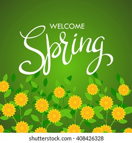Welcome Spring words on flowers background
