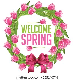 Welcome spring wreath with tulips EPS 10 vector royalty free stock illustration for greeting card, ad, promotion, poster, flier, blog, article