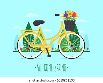 Welcome Spring. Yellow Bicycle with Spring Flowers in Basket. Flat Design Style. 