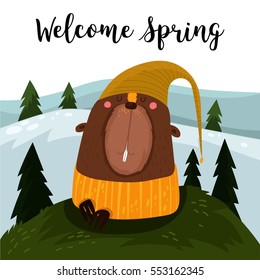 Welcome Spring.Happy Groundhog Day design with cute groundhog- stock vector