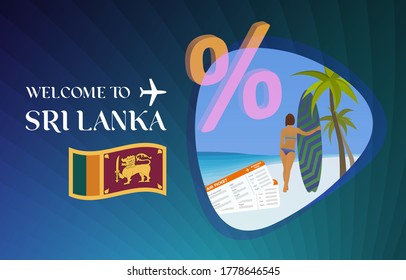 Welcome to Sri Lanka vector illustration concept. Sale of tours in Ceylon after quarantine due to coronavirus. Discounts on air tickets, hotels. Travel across Sri Lanka with surfing on the blue ocean.