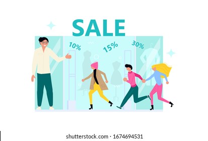 Welcome to store concept with friendly man seller. Male and female happy customers customers run for purchases, the salesman invites them for sale, discount, special offer Flat Art Vector Illustration