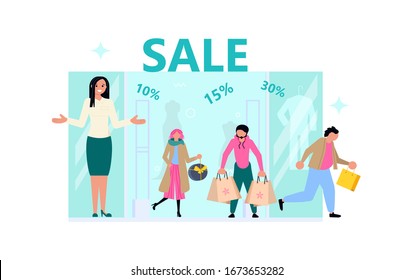 Welcome to store concept with friendly woman seller. Male and female customers run with purchases, the vendor invites them for sale, discount, special offer. Flat Art Vector Illustration