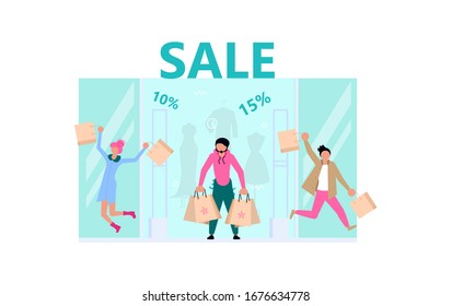 Welcome to store concept. Male and female customers run with purchases, the vendor invites them for sale, discount, special offer. Flat Art Vector Illustration