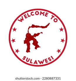 Welcome to Sulawesi stamp. Grunge island round stamp with texture in Super Rose Red color theme. Vintage style geometric Sulawesi seal. Artistic vector illustration.