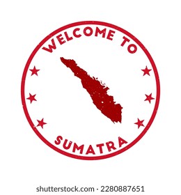 Welcome to Sumatra stamp. Grunge island round stamp with texture in Super Rose Red color theme. Vintage style geometric Sumatra seal. Astonishing vector illustration.