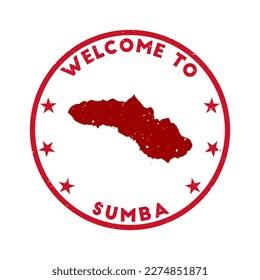 Welcome to Sumba stamp. Grunge island round stamp with texture in Super Rose Red color theme. Vintage style geometric Sumba seal. Attractive vector illustration.