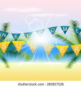 Welcome summer background with palm trees and sunlight on the coast 