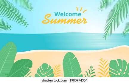 Welcome summer background. Topical beach and sea vector illustration.