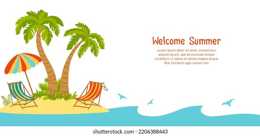 Welcome Summer banner, beach island background. Tropical palm trees and sea sand, ocean landscape template. Advertisement poster summer relaxation postcard. Vector invitation party flyer or card